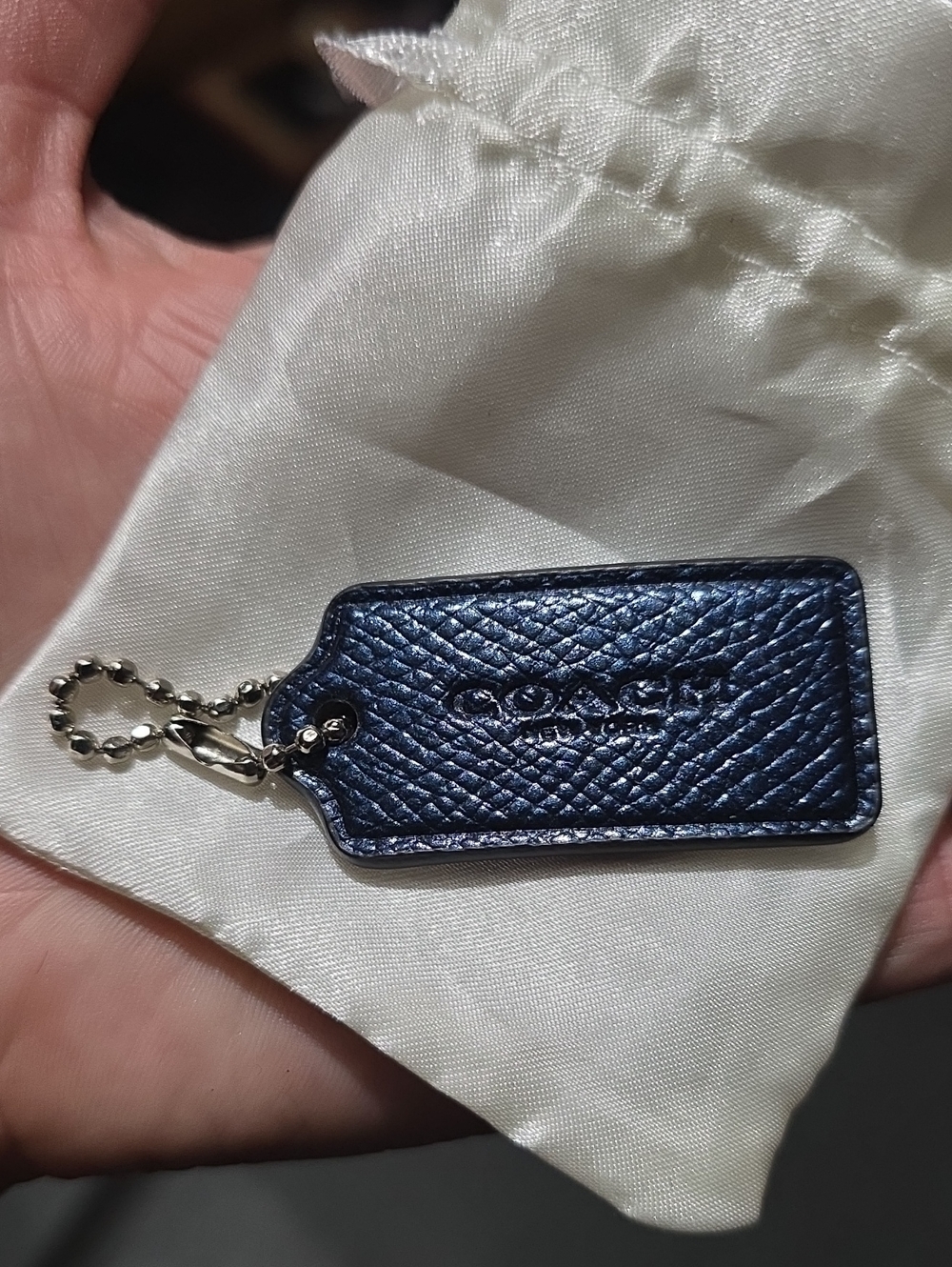 COACH Navy metallic Leather Tag Key Fob with Silver Chain